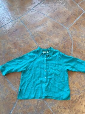 Chico's Design Teal 100% Linen Collared Button-Up 3/4 Sleeve Top Women's Size 3